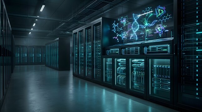 Secure server room with interactive biotechnology data