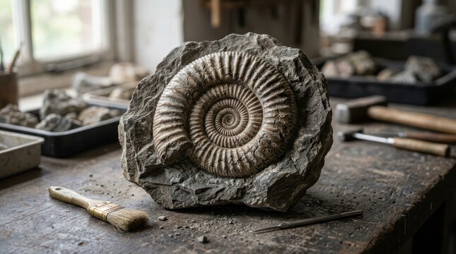 Fossil ammonite in stone with tools