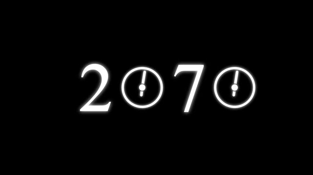 numbers 2070 with three clock faces integrated into the zero digits against a stark black background symbolizing the dawn of a new millennium and the passage of time Keywords: 2070.4k