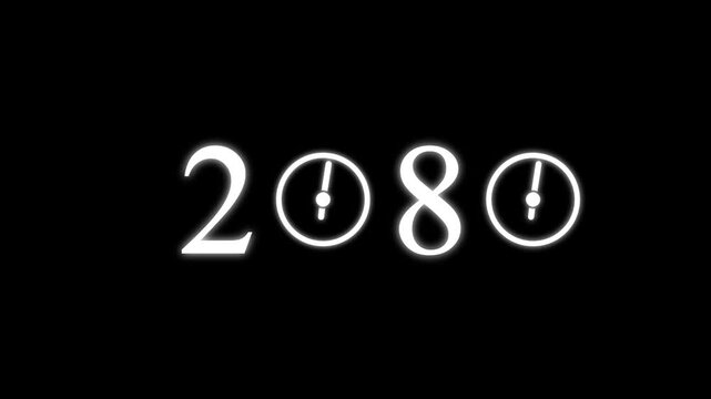 numbers 2080 with three clock faces integrated into the zero digits against a stark black background symbolizing the dawn of a new millennium and the passage of time Keywords: 2080.4k