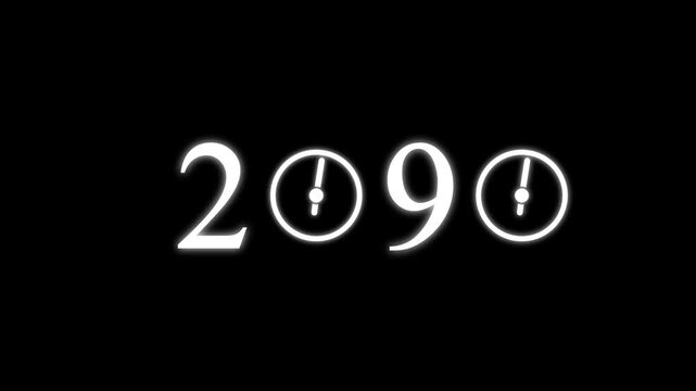 numbers 2090 with three clock faces integrated into the zero digits against a stark black background symbolizing the dawn of a new millennium and the passage of time Keywords: 2090.4k