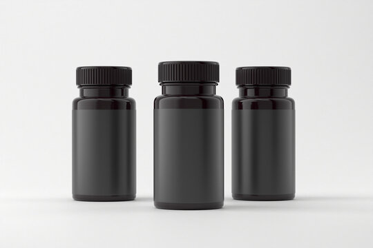 Supplement bottle black label isolated on white background 3d rendering