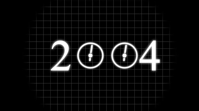 numbers 2004 with three clock faces integrated into the zero digits against a stark black background symbolizing the dawn of a new millennium and the passage of time Keywords: 2004.4k