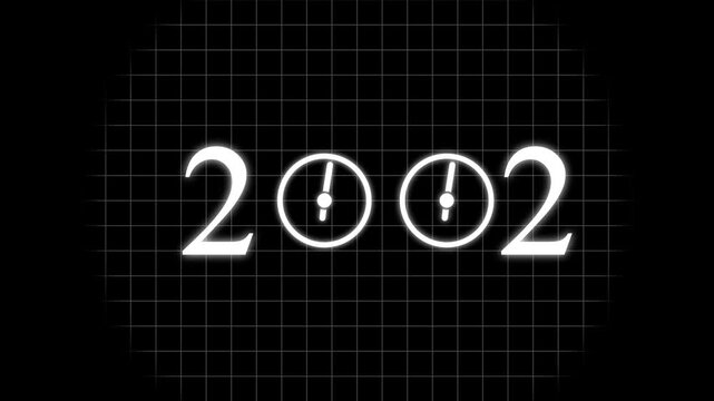 numbers 2002 with three clock faces integrated into the zero digits against a stark black background symbolizing the dawn of a new millennium and the passage of time Keywords: 2002.4k