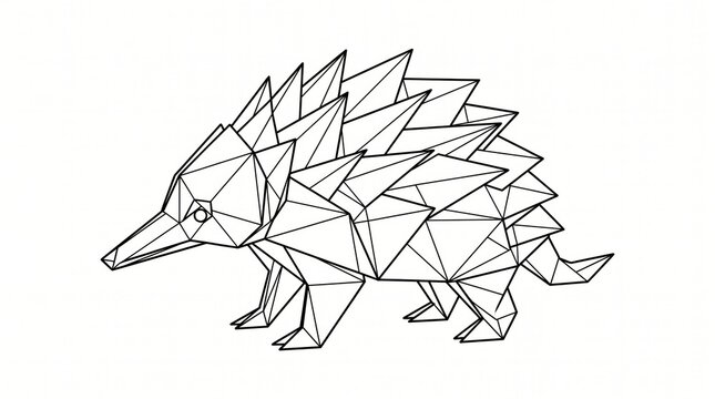 Minimal origami animal line drawing of an echidna with geometric abstract illustration creative