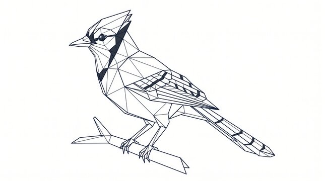 Minimal origami animal line drawing of a blue jay perched on a branch with geometric, abstract