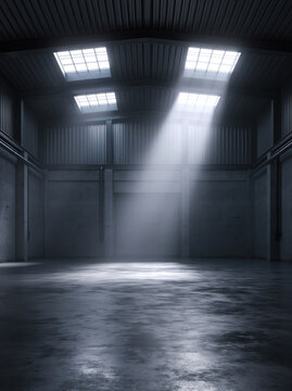 Empty industrial hangar interior with skylight beams and concrete floor, dark warehouse space with soft light and reflection