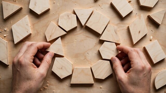 Overhead View of Hands Arranging Wooden Geometric Shapes in Circle