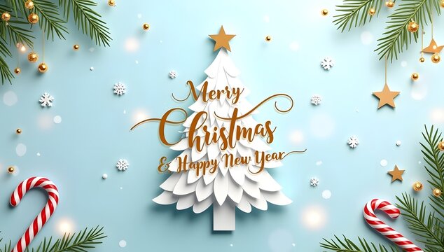 Festive merry christmas and happy new year greeting card design with a decorative white tree and candy canes