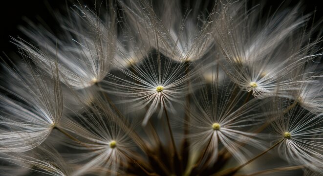 Close-up view of a white dandelion seed head in soft focus.