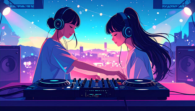 Two young women DJs mixing music at a nightclub event
