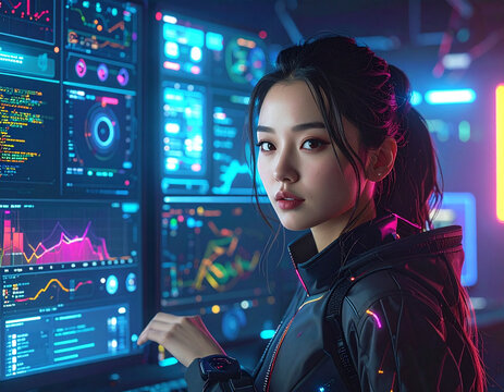 Woman in futuristic setting interacting with digital screens and data visualizations