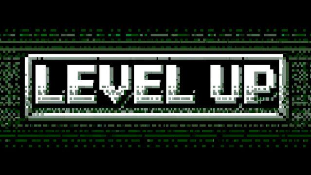 Level up pixel glitch text graphic on a black background with green digital code pattern, retro gaming typography, cyber technology interface, achievement message and futuristic game wallpaper design.
