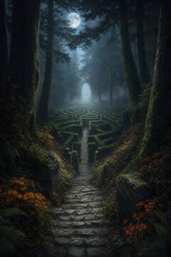 Stone path leading to moonlit hedge maze in dark forest