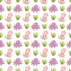 Cute Squid and Octopus with Seaweed Seamless Pattern © mynameisMihani