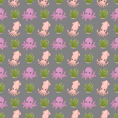 Cute Squid and Octopus with Seaweed Seamless Pattern © mynameisMihani