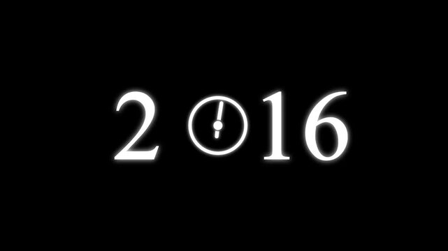 numbers 2016 with three clock faces integrated into the zero digits against a stark black background symbolizing the dawn of a new millennium and the passage of time Keywords: 2016.4k