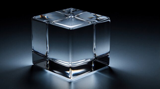 Empty glass cube sits on dark reflective surface. Transparent geometric box reflects studio light in pro product display. Clean minimalist design shows clear three dimensional object on black