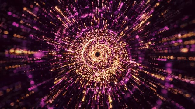 Abstract Digital Data Tunnel with Glowing Purple and Gold Particles and Binary Code, Flying Through Cyberspace Motion Graphic