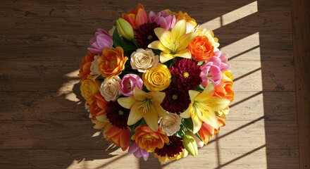Fototapeta premium Vibrant bouquet of fresh cut flowers in a rustic wooden box.