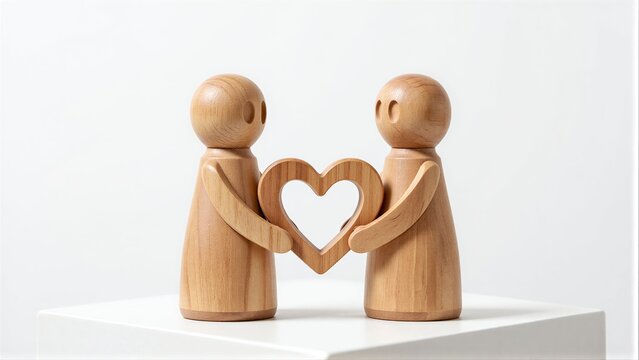 Two wooden figures hold a heart, symbolizing love and unity.