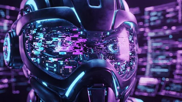 Cybernetic Robot Head with Glowing Blue Eyes and Digital Data Glitch on Visor, Close-up Futuristic AI Technology