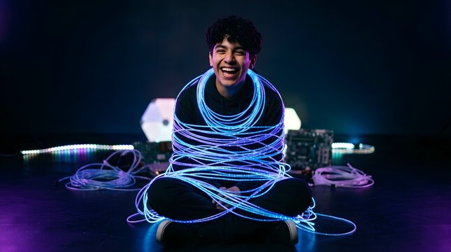 Happy young man wrapped in glowing fiber optic cables in dark room