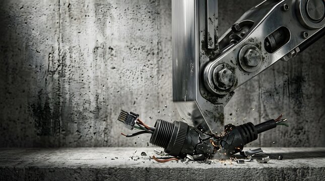 Industrial robotic arm crushing a plastic electrical cable on concrete