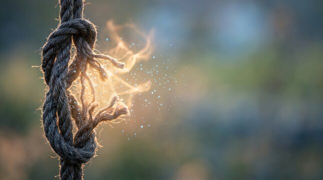 knot rope breaking apart with glowing light particles and smoke representing breaking stress pressure and freedom solution concept.