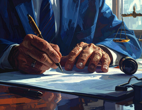 Man in blue suit signing document on desk with pen and gavel
