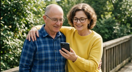 Fototapeta premium Senior couple enjoying technology together outdoors, symbolizing active aging and modern connection.