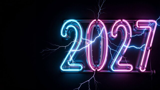 Vibrant neon "2027" sign glowing with electric blue and pink lightning against a dark background.