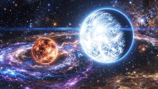 Cosmic Dance of Two Planets in a Glowing Nebula &ndash; Animated Space Scene with Energy Fields and Stars