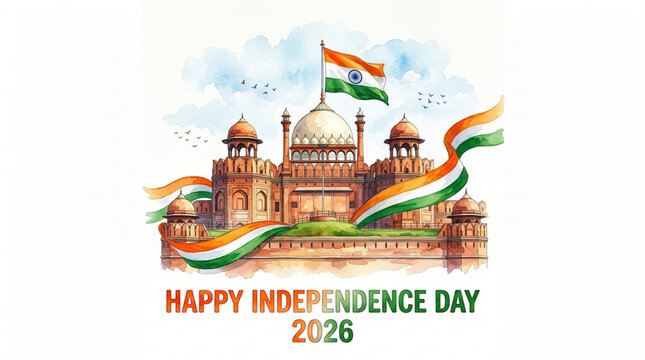 Indian Independence Day Watercolor Art: Red Fort, Tricolor Flag, Festive Celebration