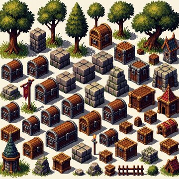Collection of retro pixel art game assets features wooden treasure chests stone blocks, green trees. Set includes medieval fantasy buildings landscape elements environment design resources. Digital
