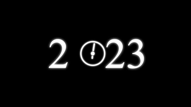 numbers 2023 with three clock faces integrated into the zero digits against a stark black background symbolizing the dawn of a new millennium and the passage of time Keywords: 2023.4k