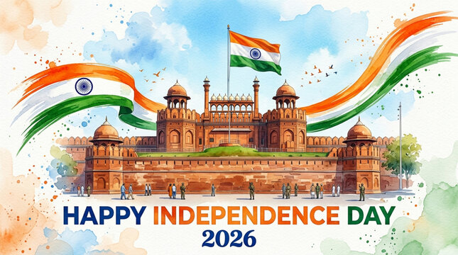 Indian Independence Day celebration at Red Fort, New Delhi, with flag and tricolor waves