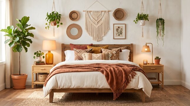 A cozy bohemian bedroom interior, straight-on perpendicular view facing the bed, centered wooden bed with layered cream and terracotta textiles, rattan bedside tables, woven wall decorations