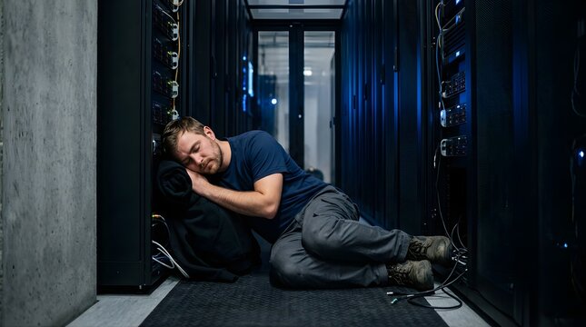 Tired IT technician sleeping on the floor in a dark server room datacenter