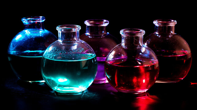 Vibrant‑hued fluids inside bulbous glass demijohns producing light refraction against dark backdrop, sharp fine details, STEM educational worksheets