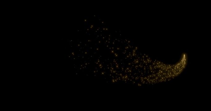 Glittering gold particle trails flying in black background. Sparkling light streaks glow dust effect. 4K 3D rendering loop animation.
