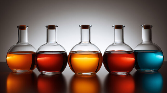 Vibrant‑hued fluids inside bulbous glass demijohns producing light refraction against dark backdrop, sharp fine details, STEM educational worksheets