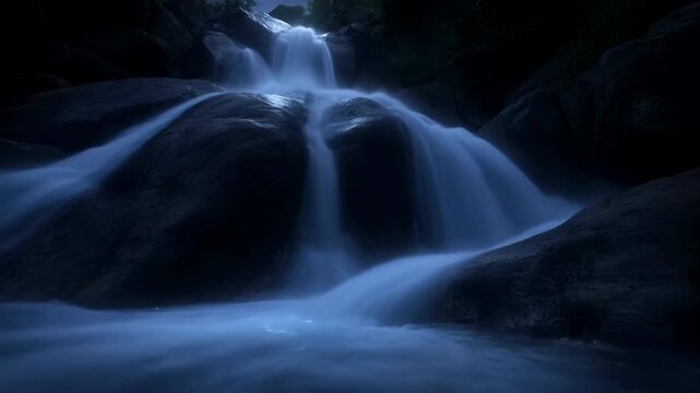 Nighttime waterfall pouring over wet boulders into misty shallow pool under cool moonlight with silky flowing curtains and V-shaped convergence guiding eye from upper falls to foreground