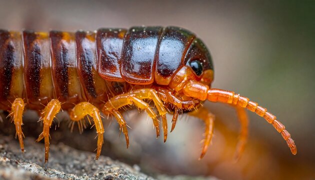 Close-up of a centipede with orange and black stripes.