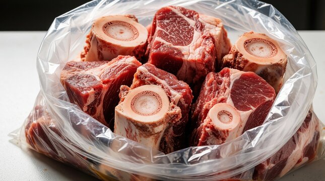 Raw beef meat chunks with round bone marrow inside clear plastic bag. Fresh red cow steak pieces prepare for soup broth cooking. Butcher shop product ready for kitchen meal prep at home restaurant.