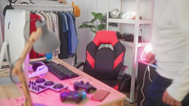 Man leans forward reaching for mouse at studio desk with keyboard, monitor, gaming chair, neon controller sign and gamepads on the table; concentration routine.