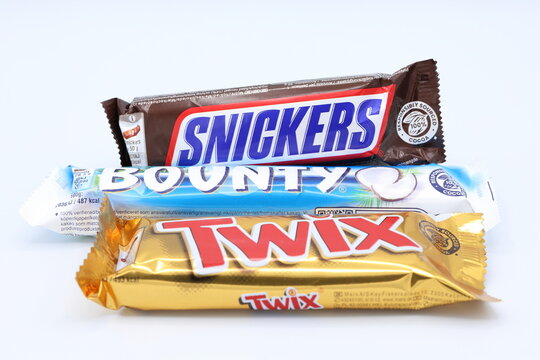 Different candy chocolate bars. Twix, Snickers and Bounty.