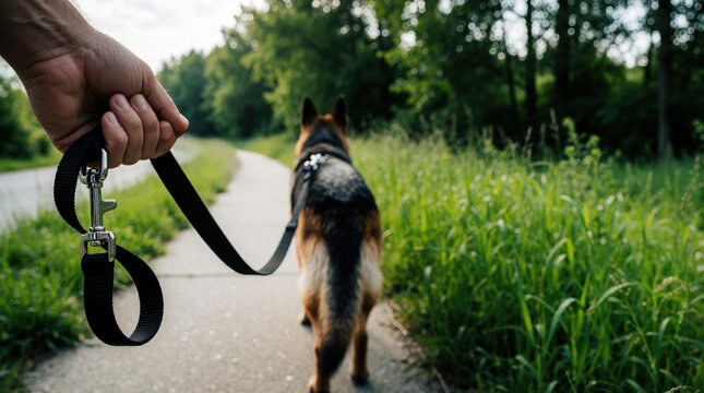 Person hand holds black nylon leash attached to german shepherd dog. Animal walks ahead on concrete sidewalk in sunny park area. Pet owner enjoys morning routine outdoor activity. Faithful companion