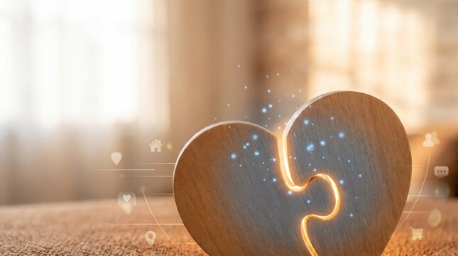 Wooden heart puzzle pieces connecting together with glowing light and connection icons for love relationship and partnership solution concept.