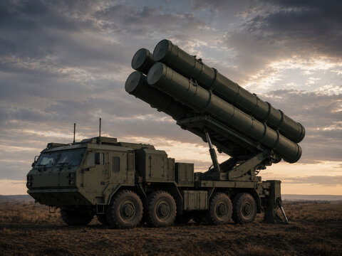 S-400 Triumf Mobile Air Defense Missile Launcher Under Dramatic Sunset Sky